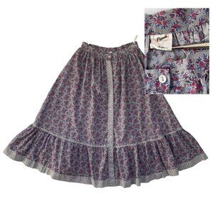 Vintage 70s Floral Button Ruffle Midi Skirt 5 XS Purple Prairie Cottage Tiered